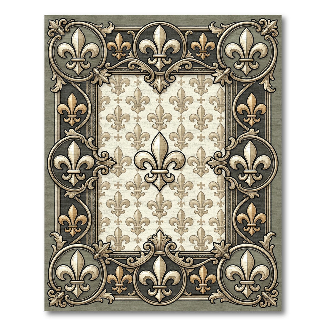 Ornate Golden Fleur-de-lis Frame Rug