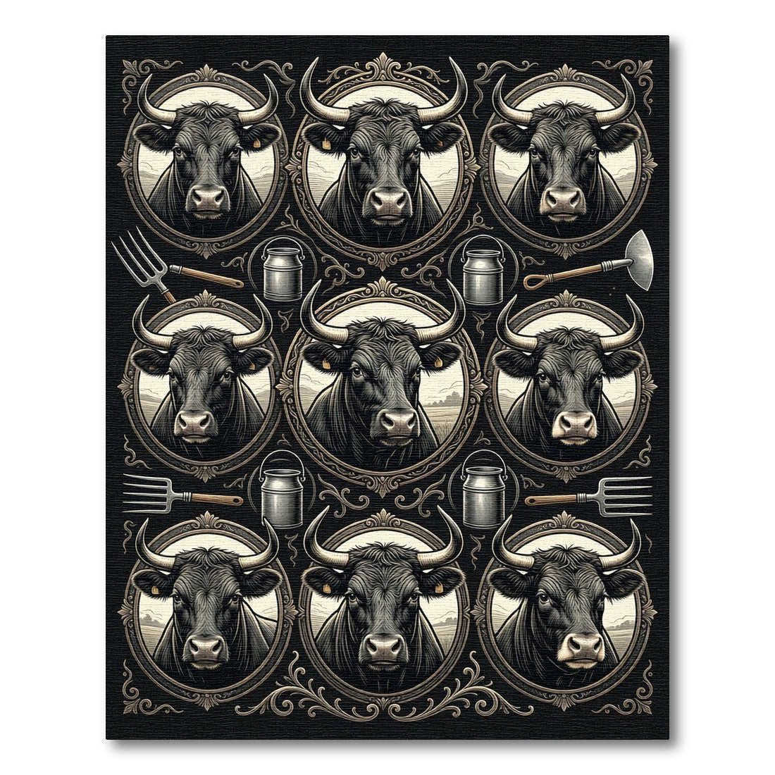 Rustic Black Bull Farmhouse Frame Rug