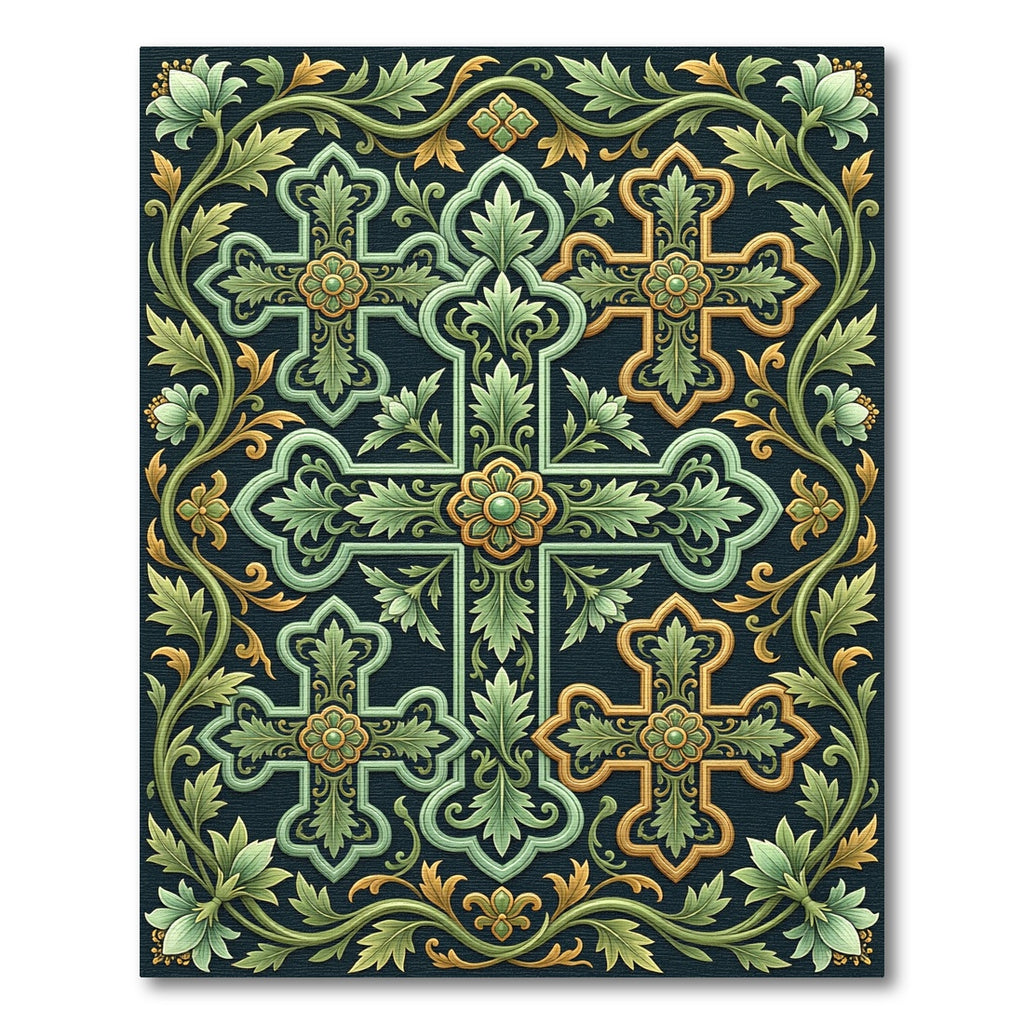 Ornate Green Gold Floral Cross Rug