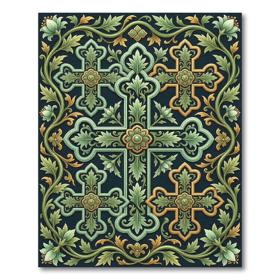 Ornate Green Gold Floral Cross Rug