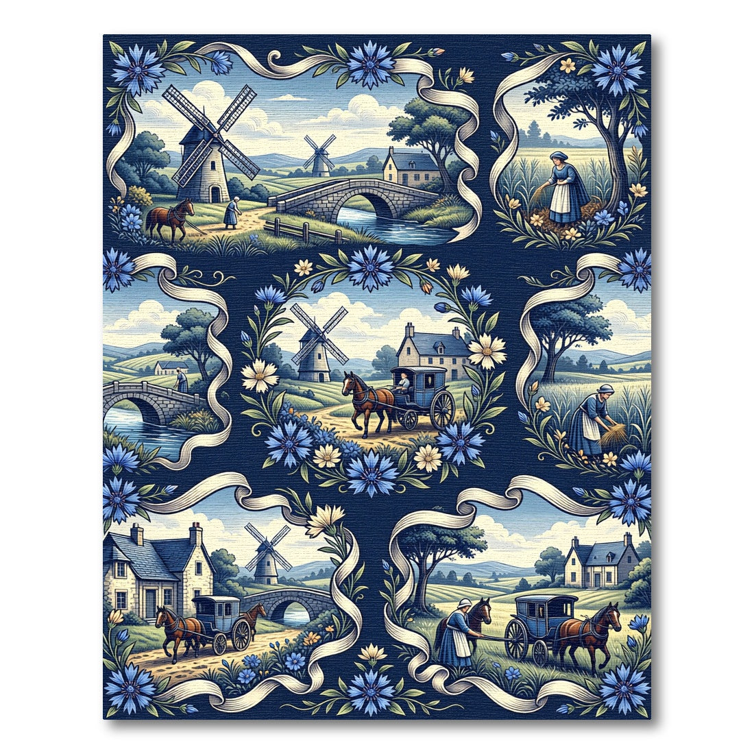 Vintage Countryside Cottage Floral Scene Rug