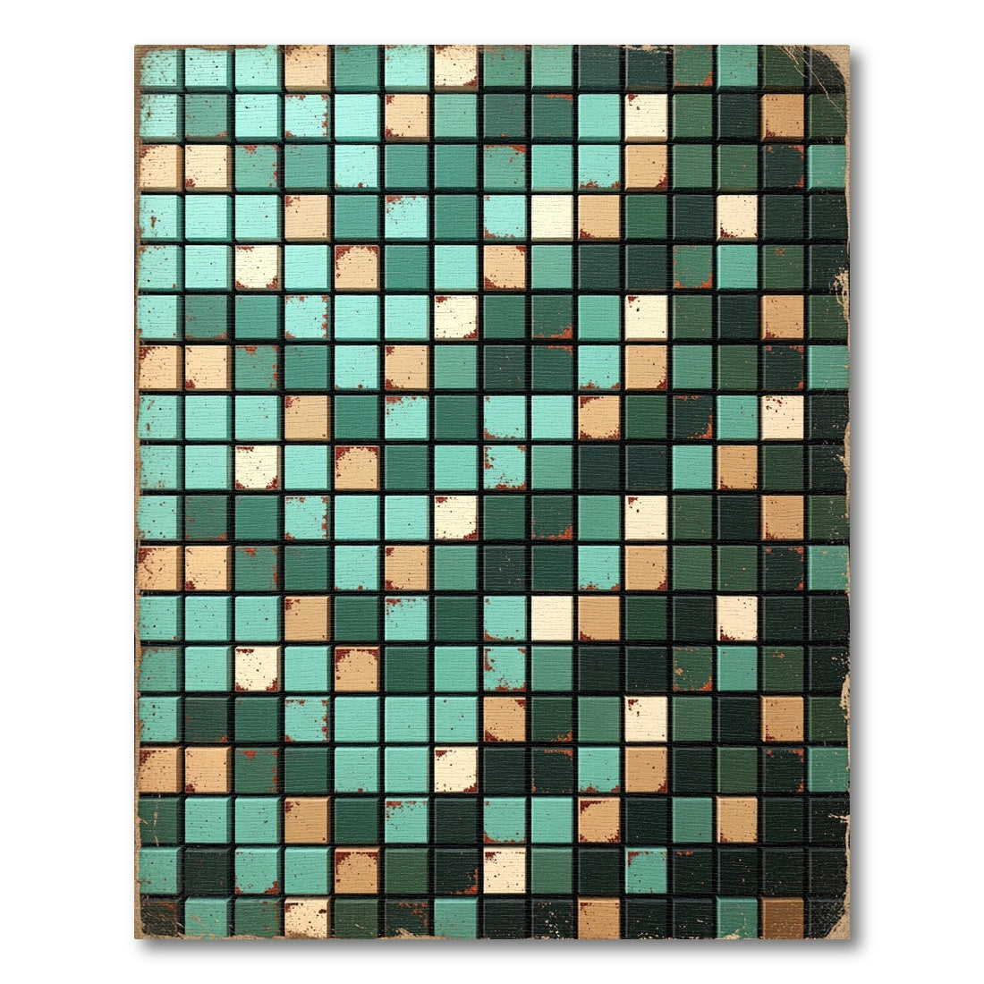 Aqua Tan Distressed Tile Grid Rug