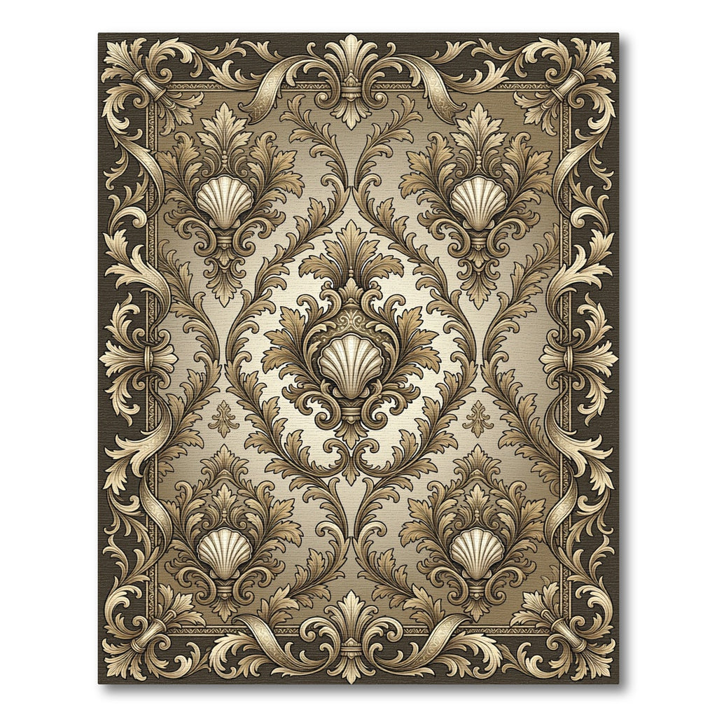 Ornate Gold Shell Scrollwork Frame Rug