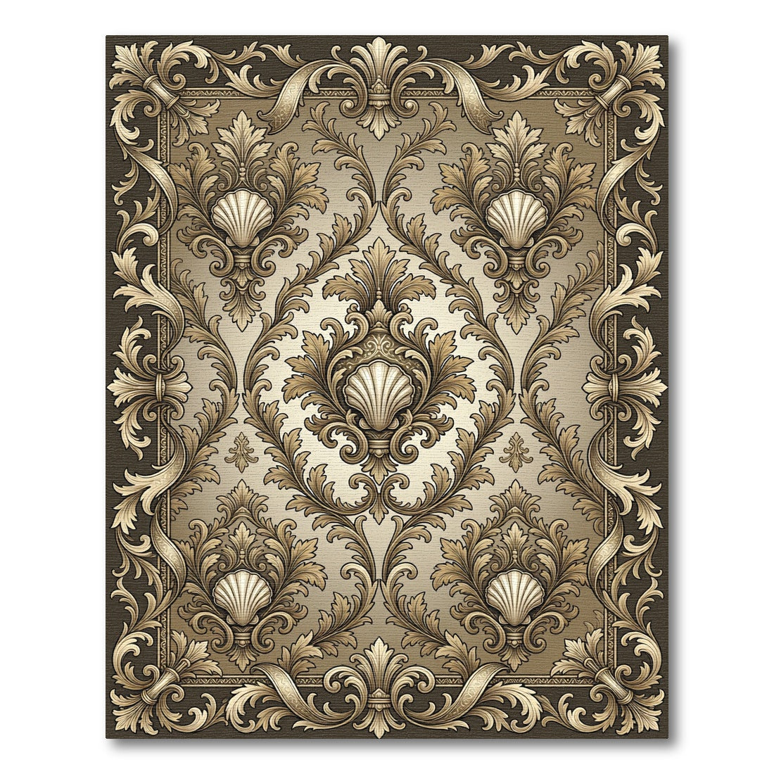 Ornate Gold Shell Scrollwork Frame Rug