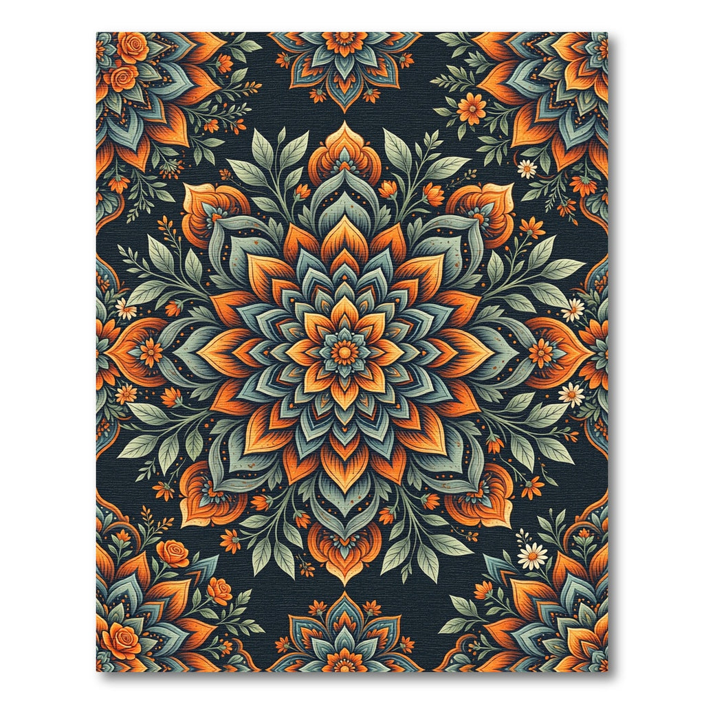 Earthy Orange and Teal Floral Mandala Rug