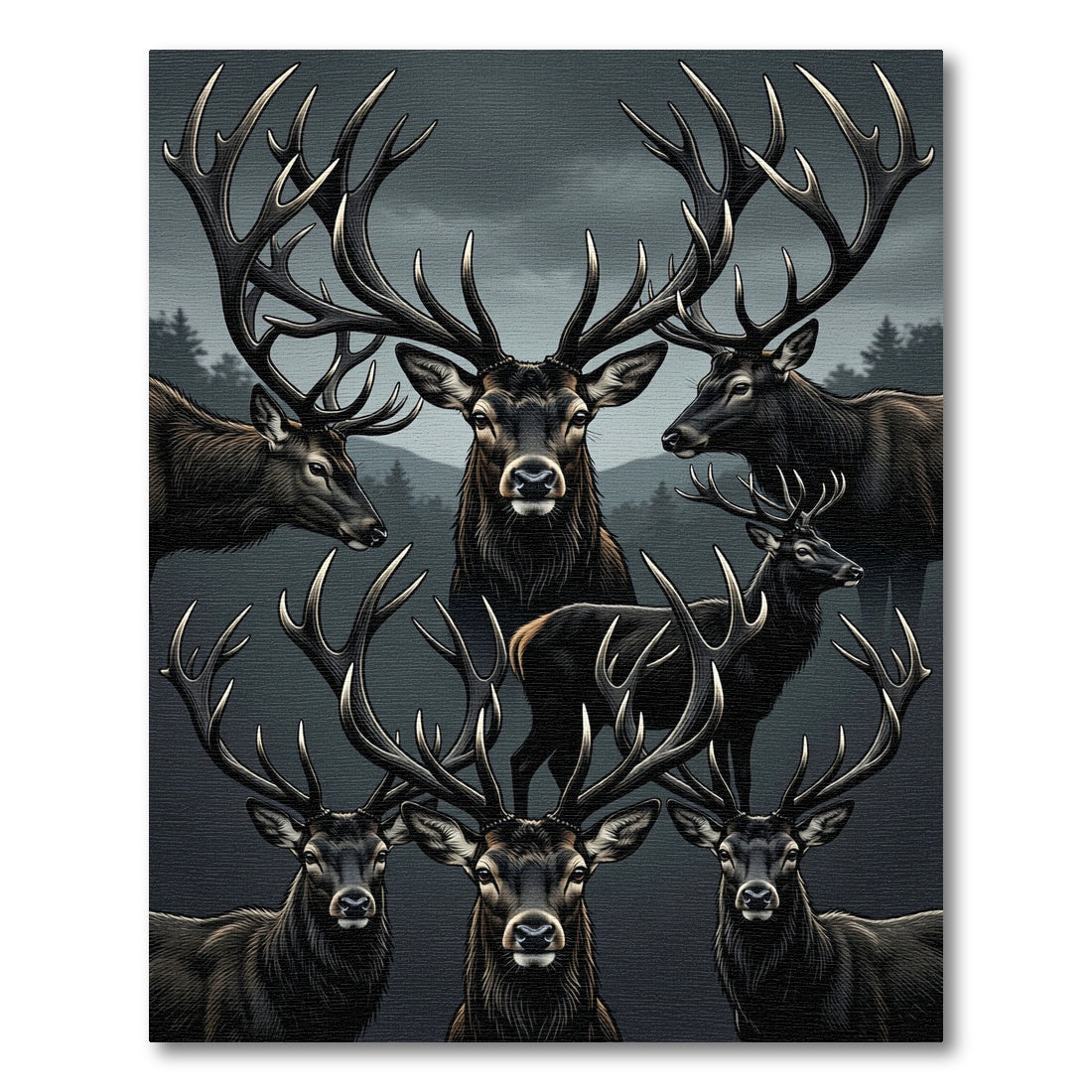 Majestic Black Deer Antler Forest Scene Rug