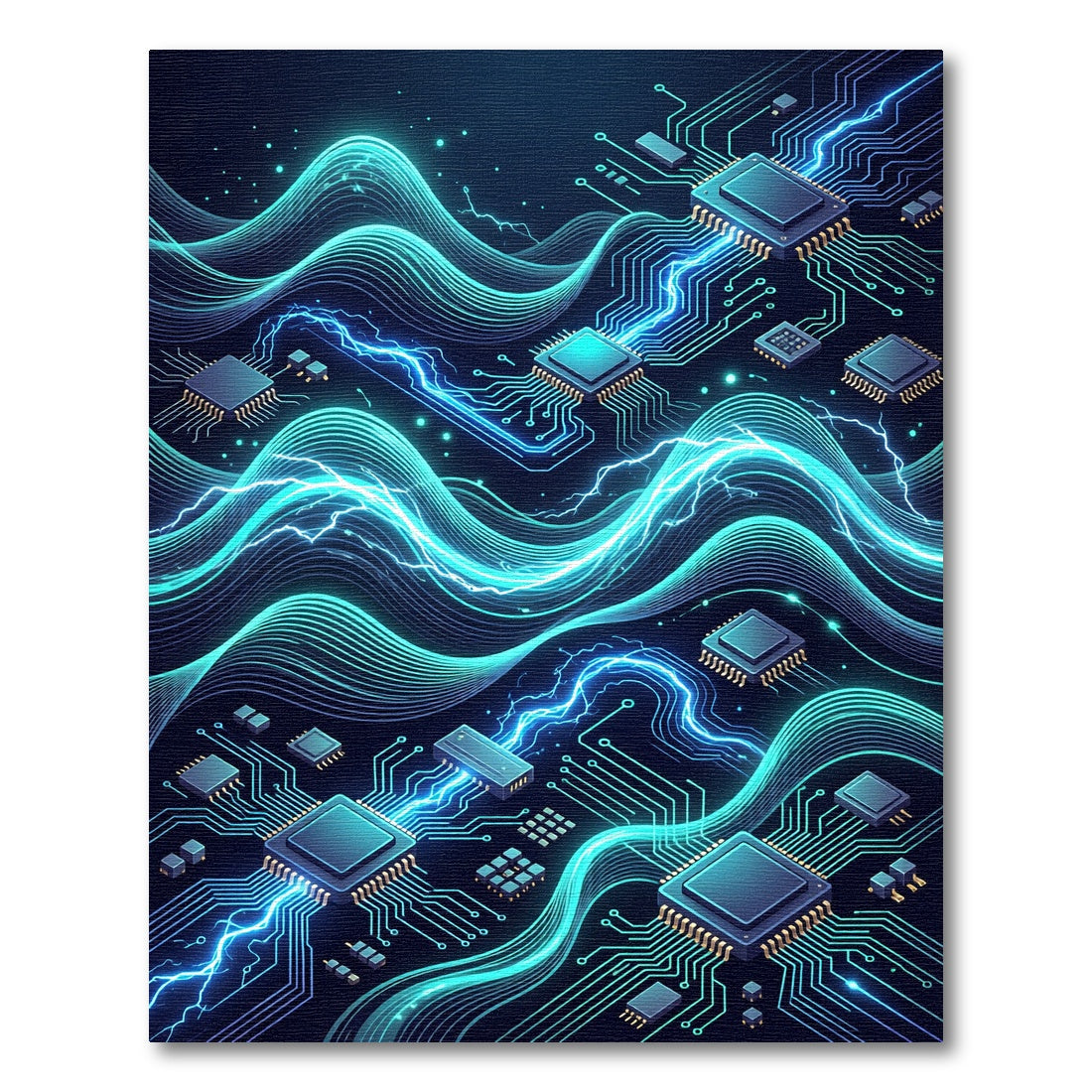 Electric Circuitry Glowing Neon Waves Rug