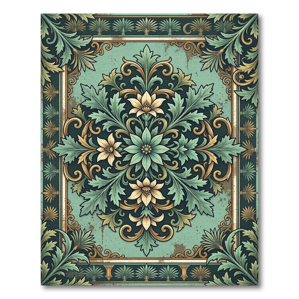 Ornate Teal Floral Scrollwork Rug