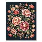Coral Blush Peony Rose Scrollwork Rug