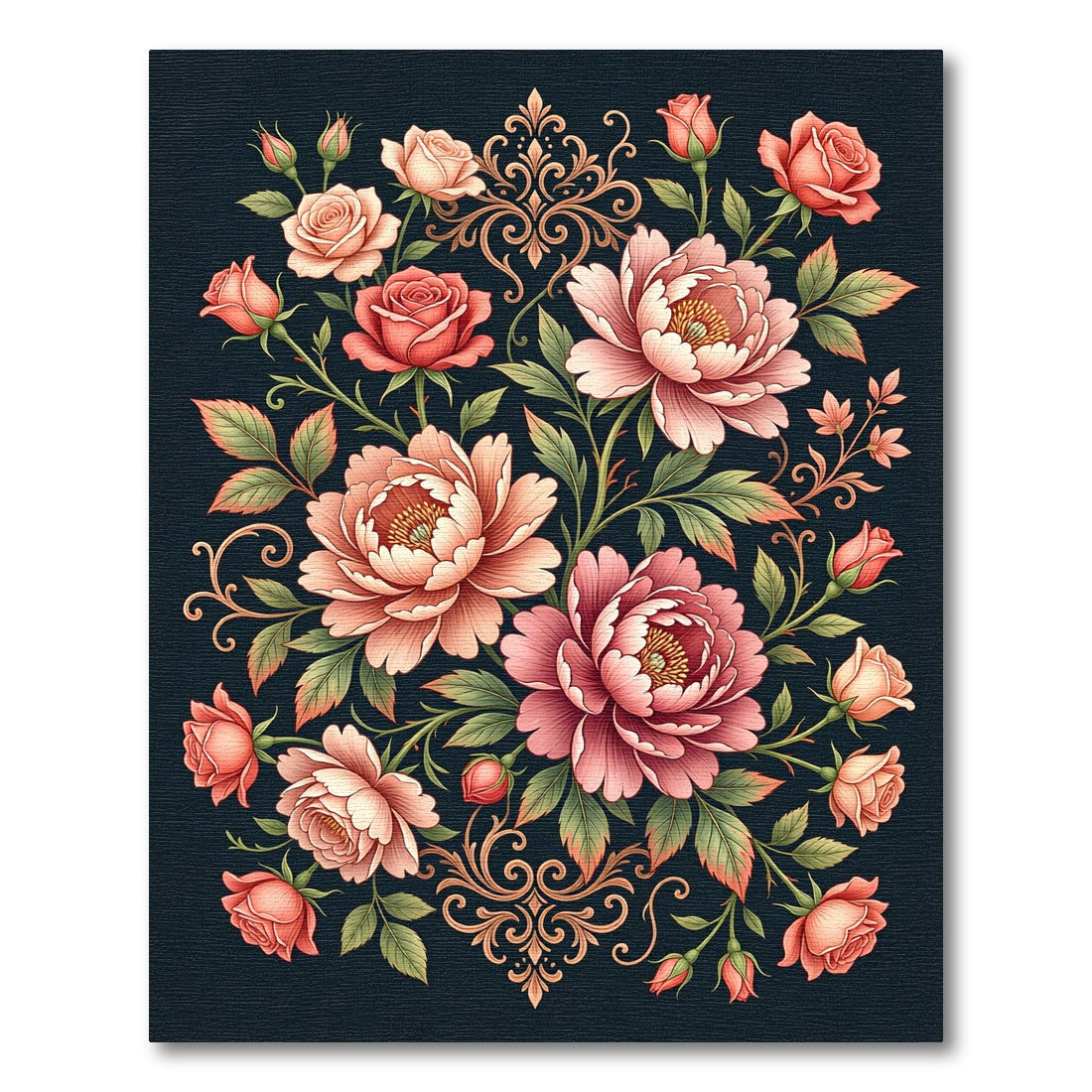 Coral Blush Peony Rose Scrollwork Rug