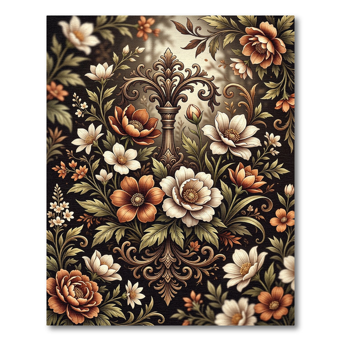 Ornate Bronze Floral Scrollwork Rug