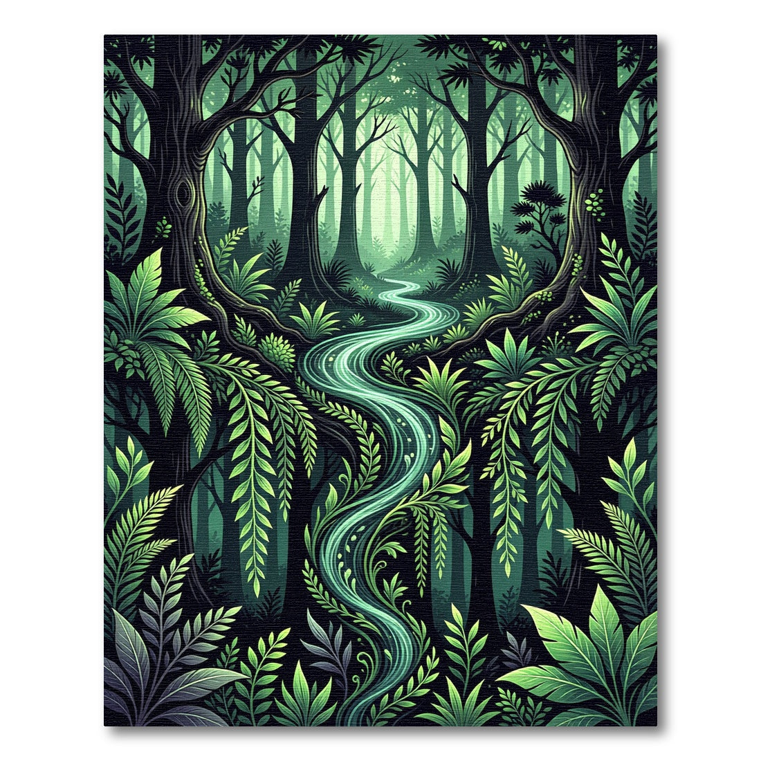 Lush Emerald Forest Stream Silhouette Rug