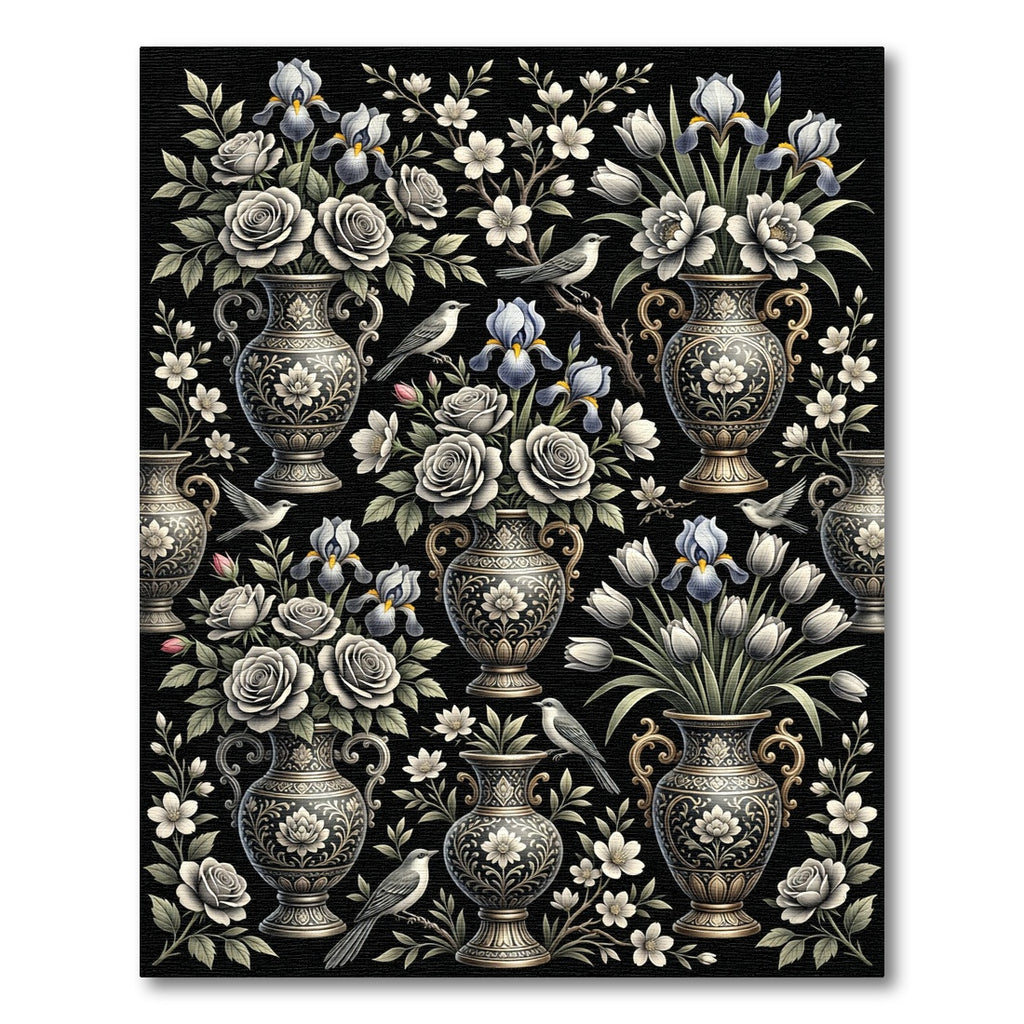 Elegant Black Floral Iris Vase Rug