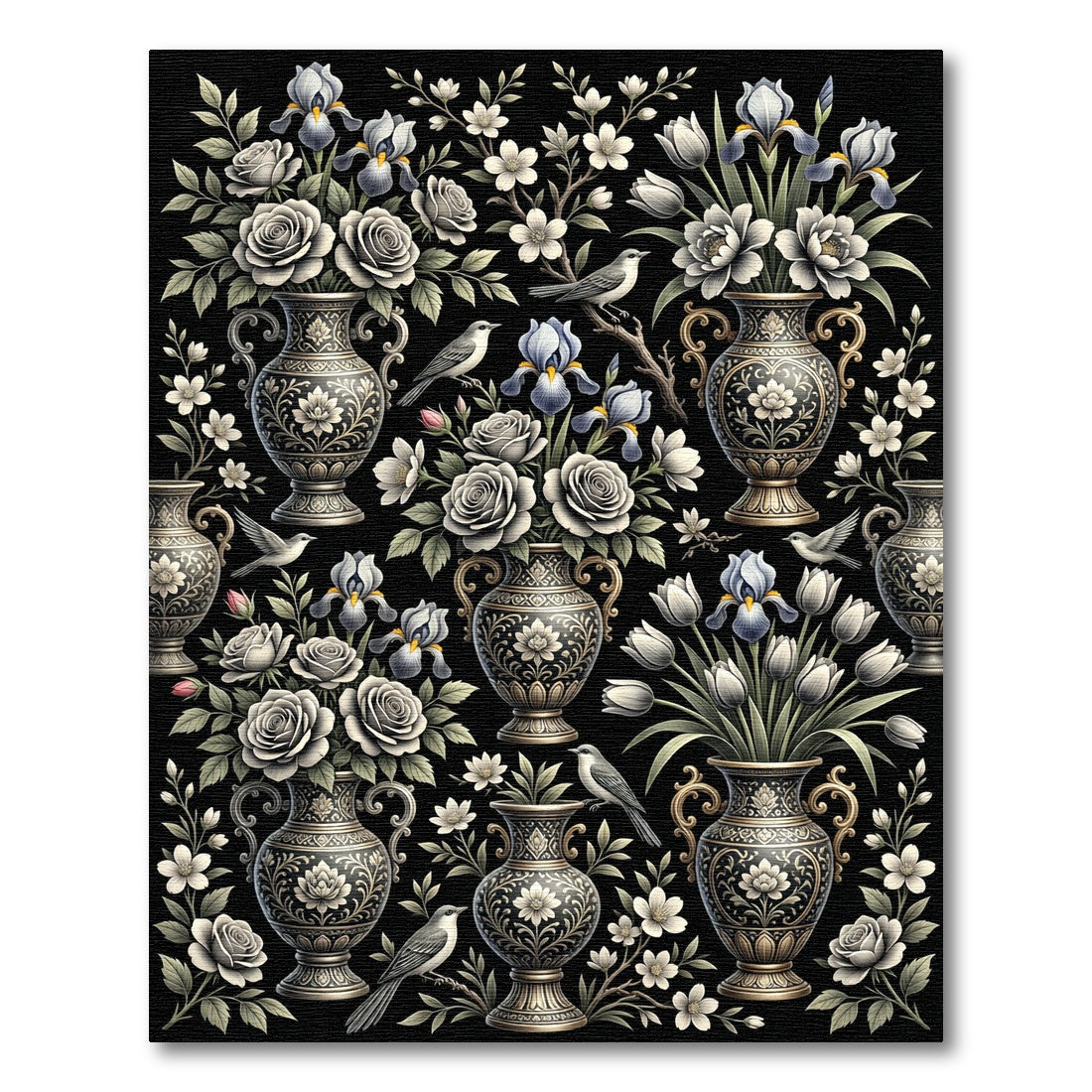 Elegant Black Floral Iris Vase Rug