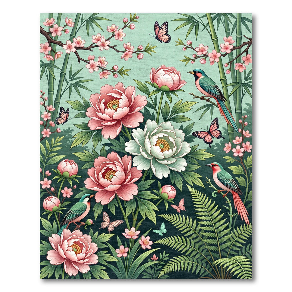 Pink Peony Blossom Birds Butterflies Bamboo Rug