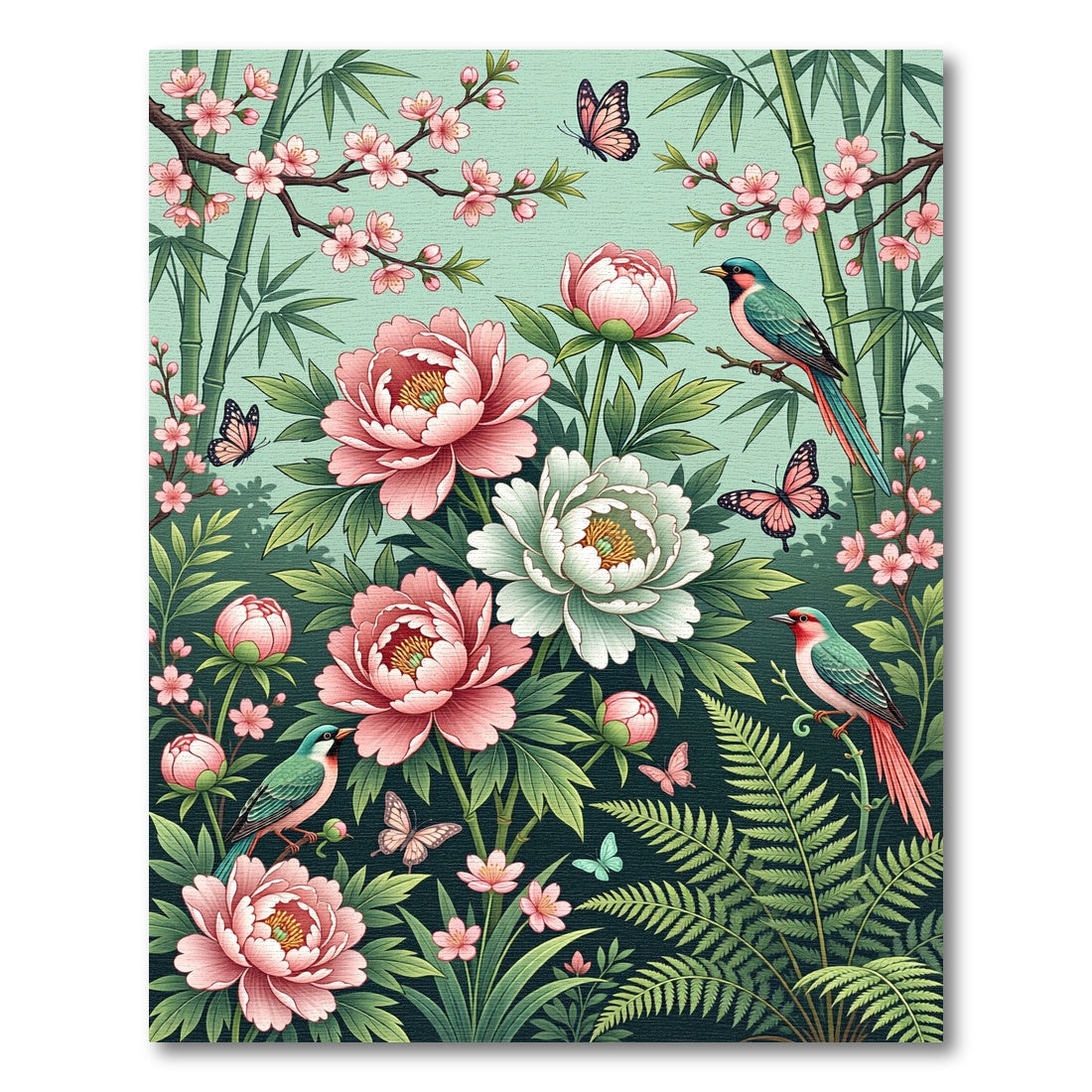 Pink Peony Blossom Birds Butterflies Bamboo Rug