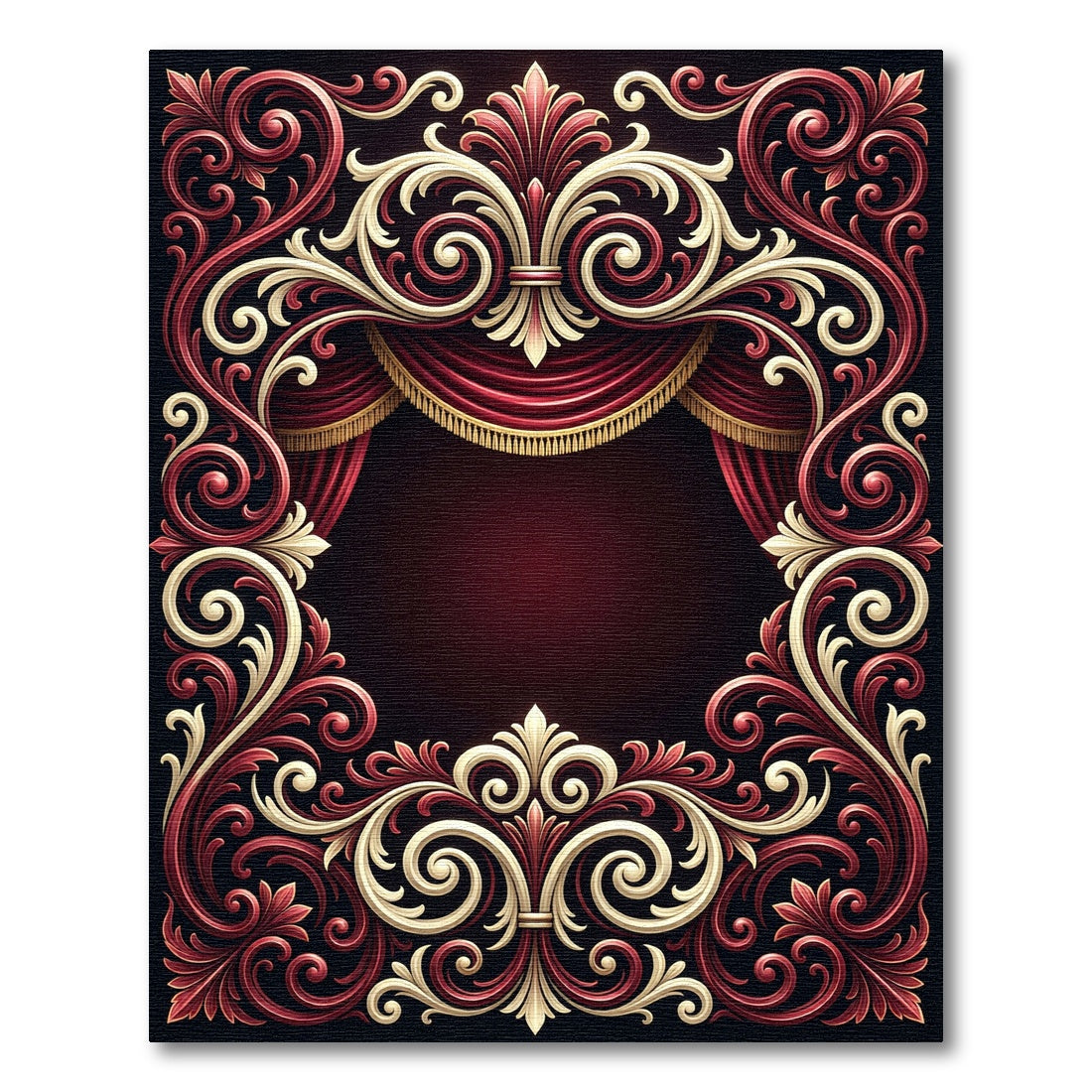 Ornate Crimson Gold Baroque Scrollwork Rug