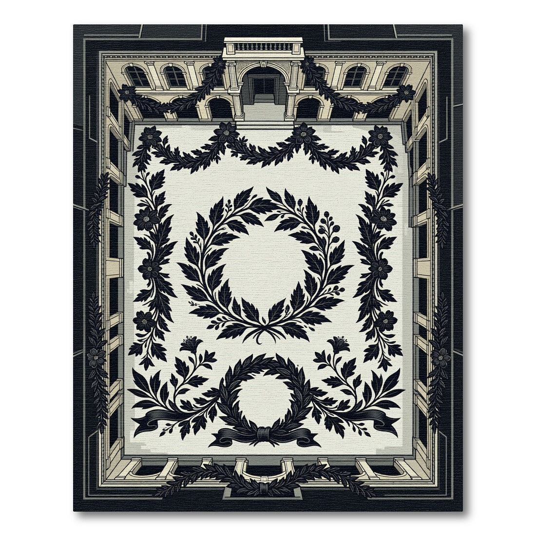 Vintage Laurel Wreath Black Cream Accent Rug