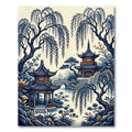 Serene Blue Willow Pagoda Ink Wash Illustration Rug