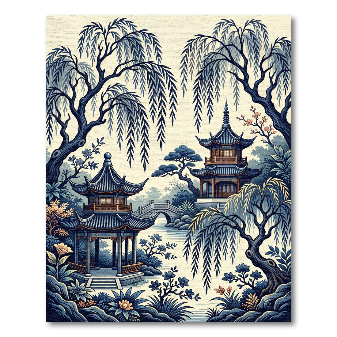 Serene Blue Willow Pagoda Ink Wash Illustration Rug