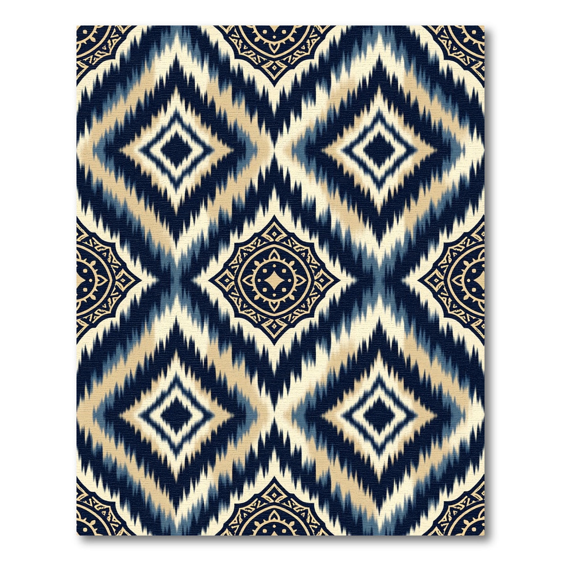 Navy and Gold Ikat Diamond Medallion Rug