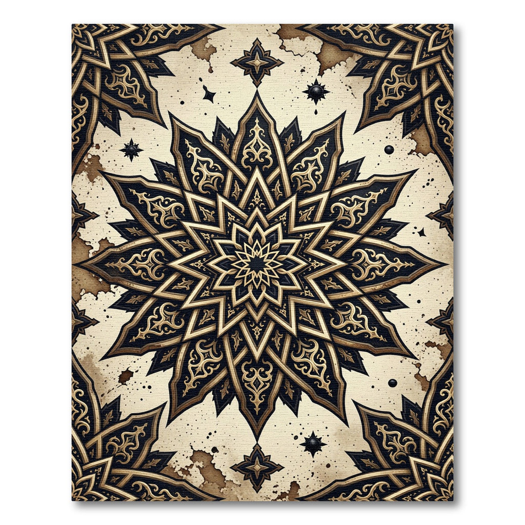 Ornate Black and Gold Celestial Star Rug