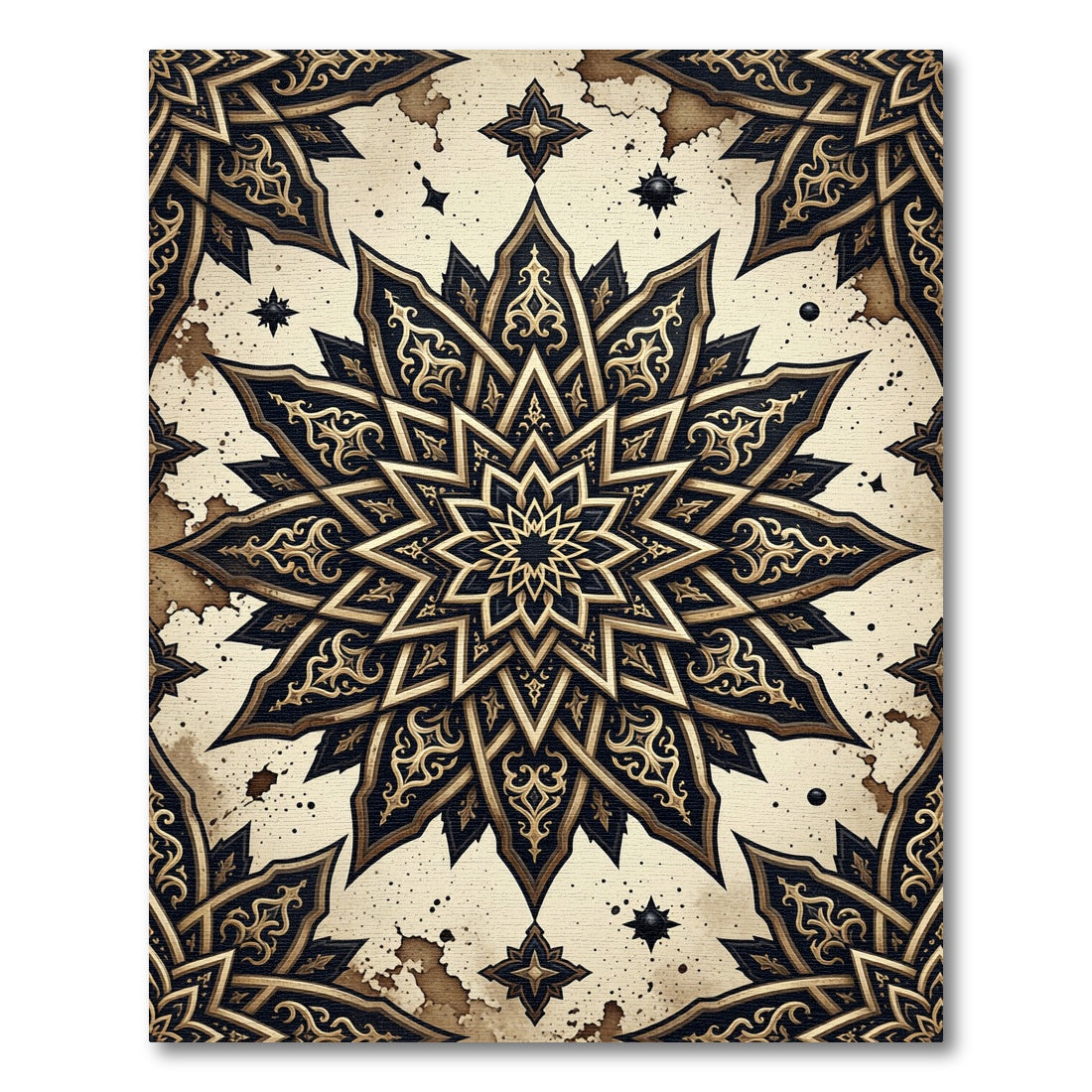 Ornate Black and Gold Celestial Star Rug