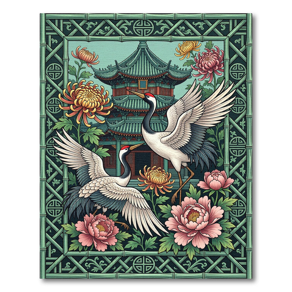 Elegant Crane and Chrysanthemum Pagoda Art Rug