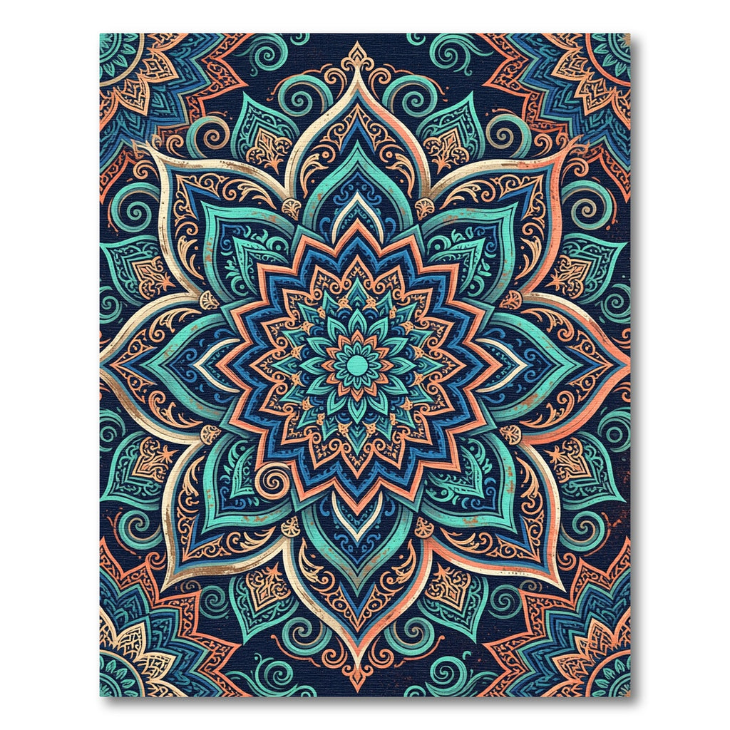 Teal and Orange Floral Mandala Rug