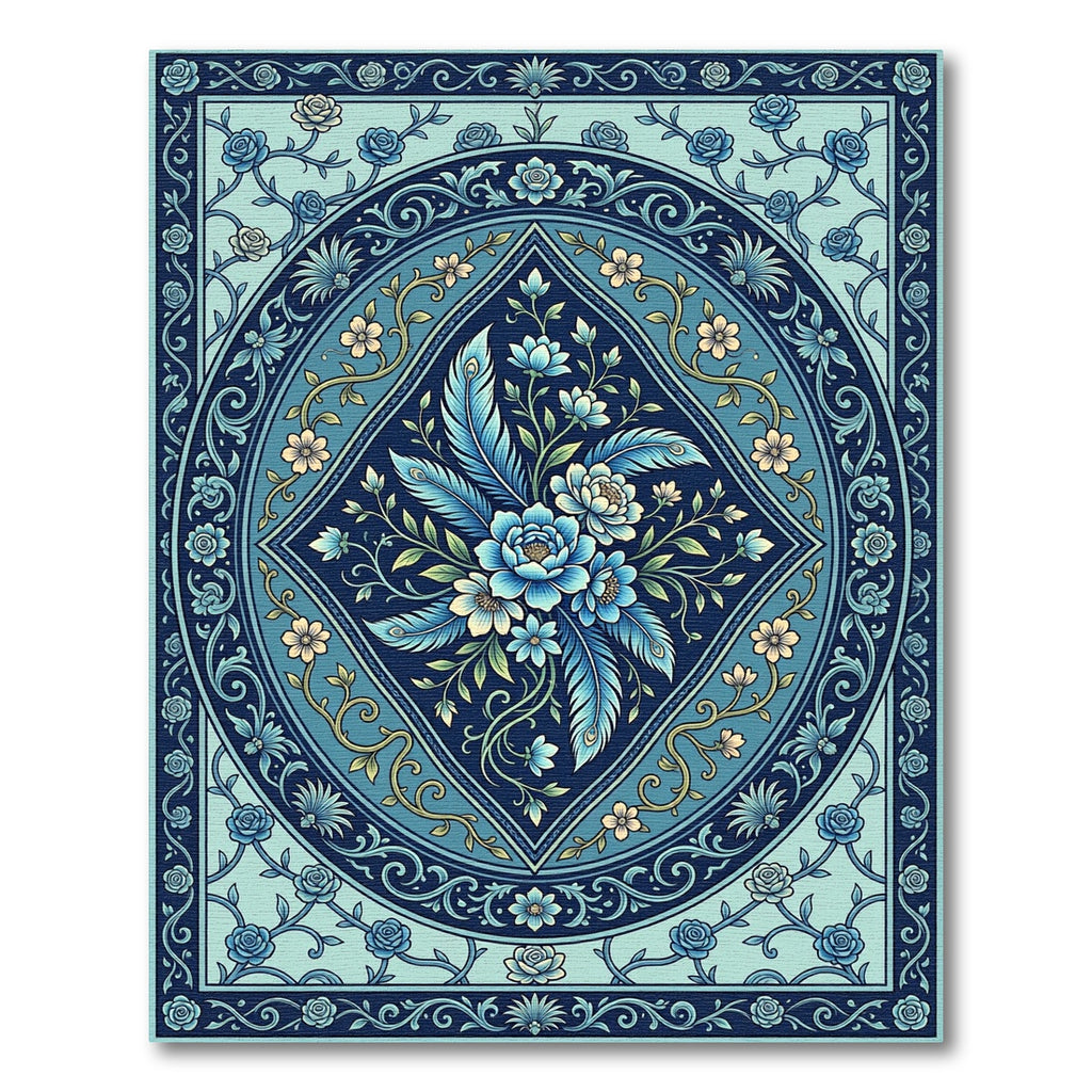 Deep Blue Floral Crest Medallion Rug