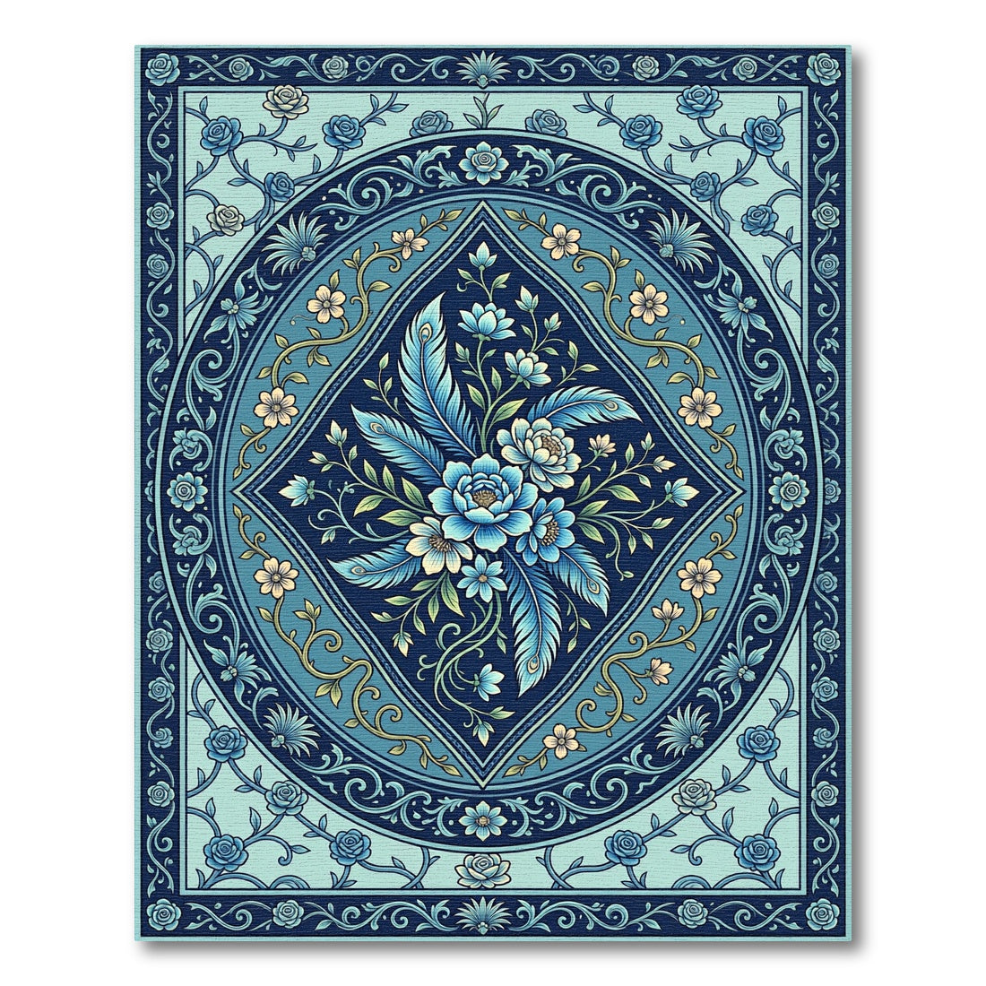 Deep Blue Floral Crest Medallion Rug