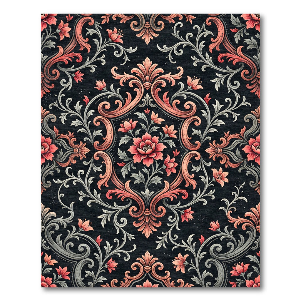 Elegant Coral Floral Damask Scroll Rug