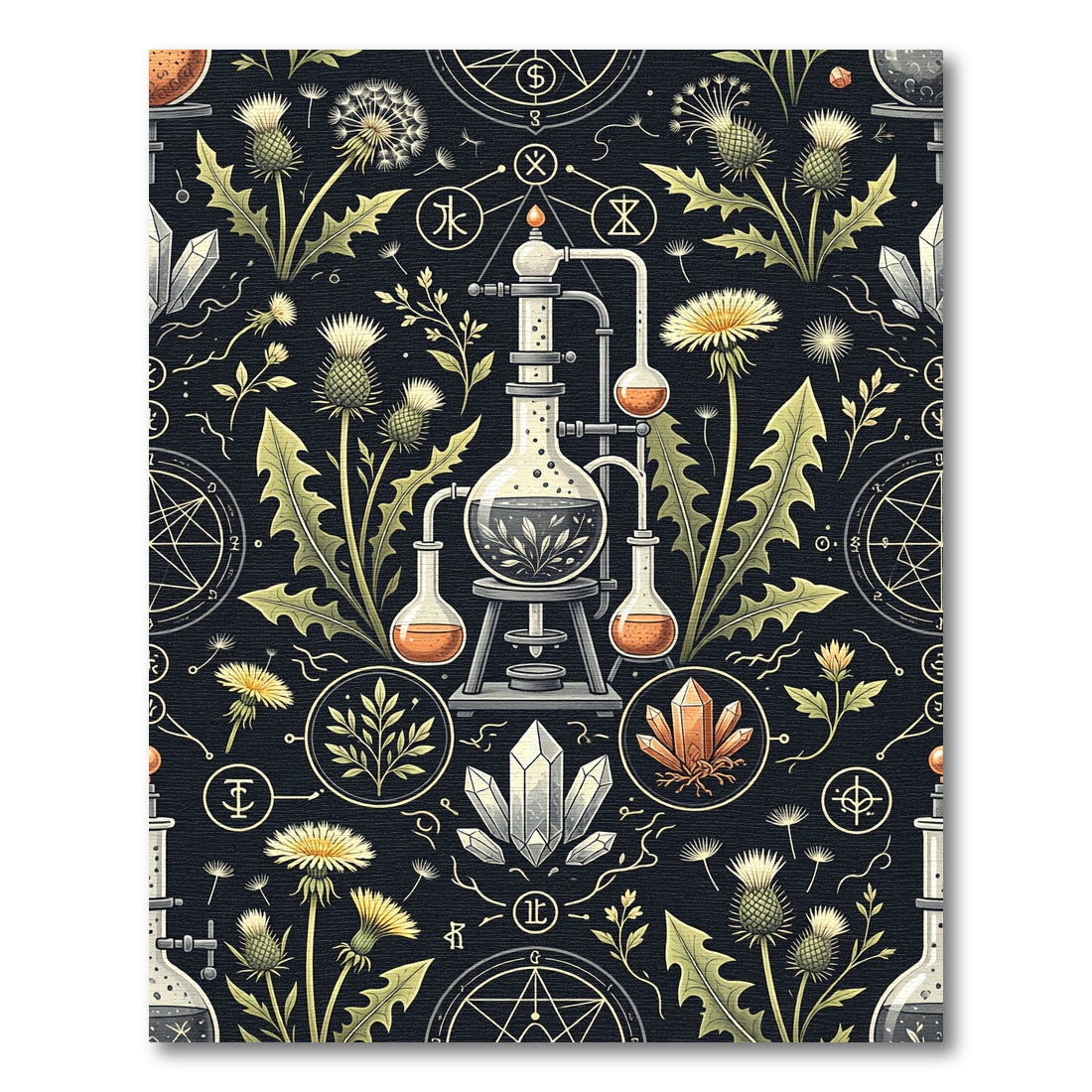Alchemical Botanical Dandelion and Crystal Illustration Rug