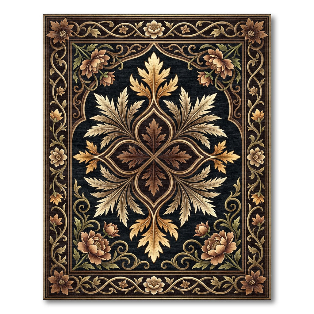 Ornate Gold Floral Symmetry Noir Rug