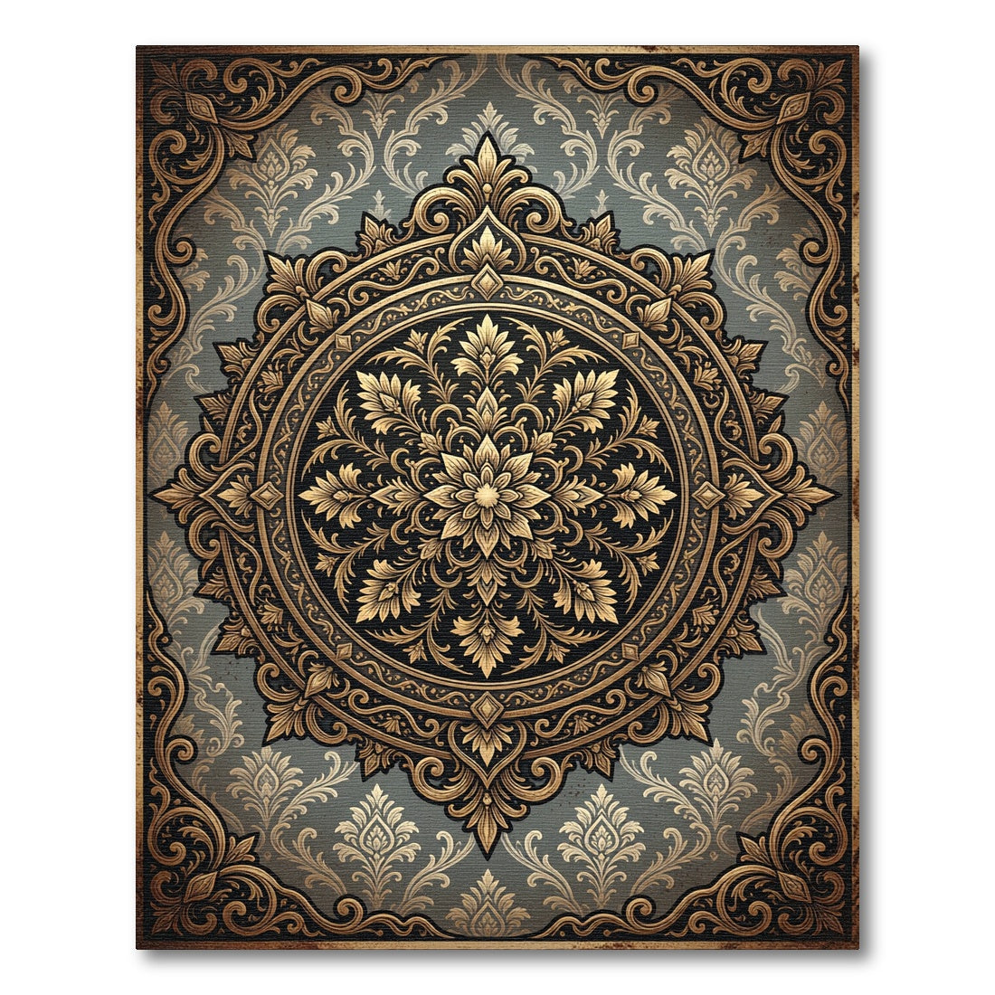 Elegant Golden Floral Medallion Charcoal Grey Rug