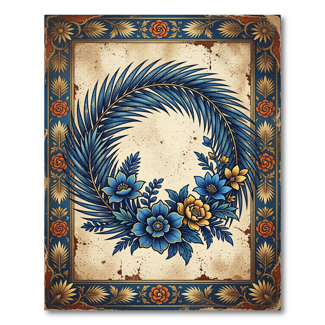 Vintage Blue Palm Floral Wreath Rug