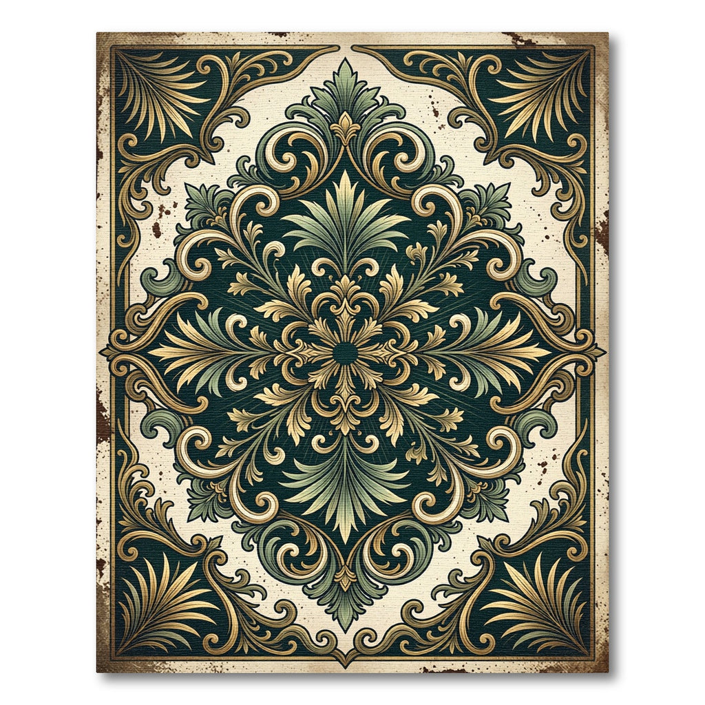 Antique Emerald Gold Ornate Foliage Medallion Rug