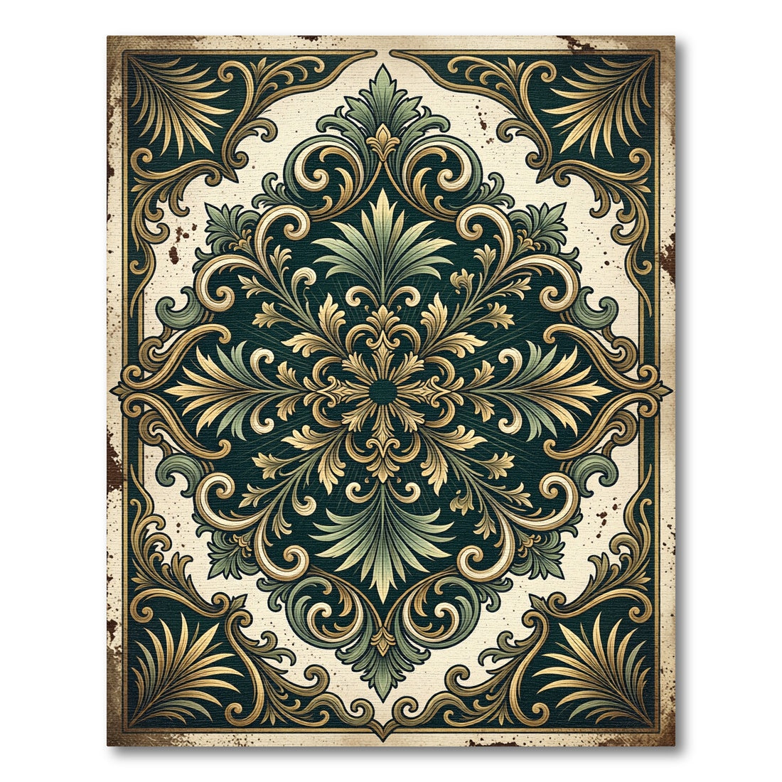 Antique Emerald Gold Ornate Foliage Medallion Rug