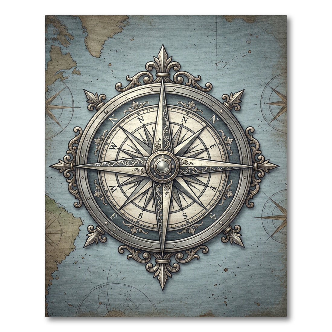 Antique Nautical Compass Silver Mariner Wall Art Rug
