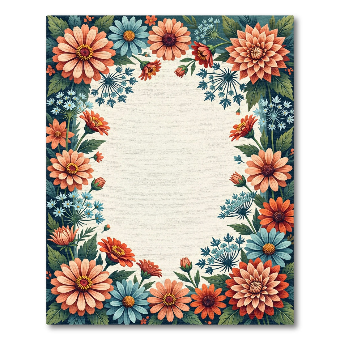 Coral Blue Floral Cluster Frame Rug