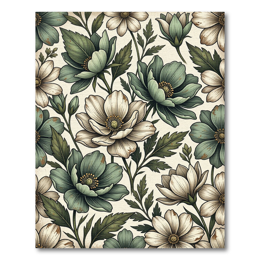 Sage and Cream Botanical Floral Illustration Rug