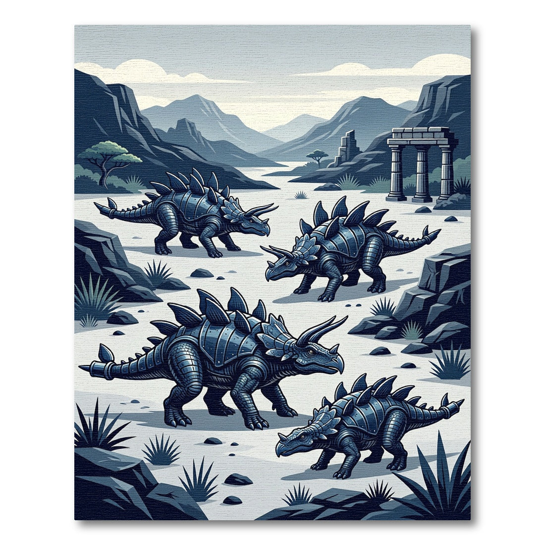 Metallic Stegosaurus Triceratops Prehistoric Landscape Rug