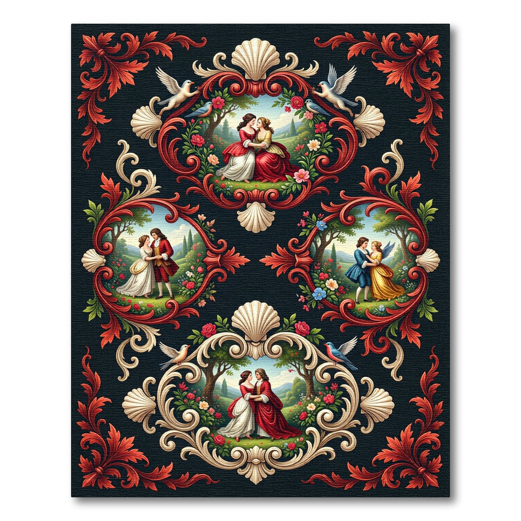 Romantic Figures Red Floral Ornate Medallion Rug