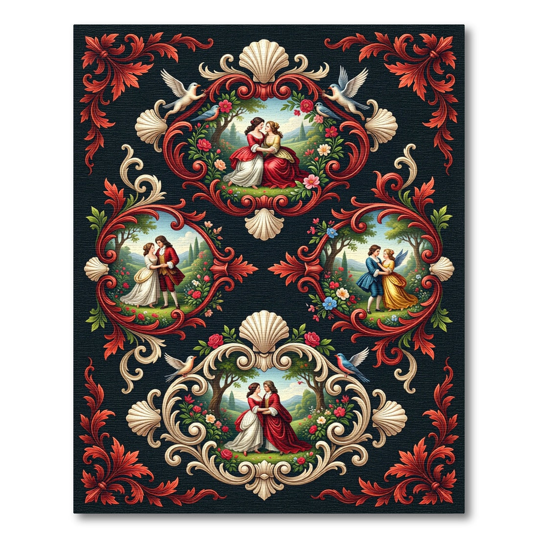Romantic Figures Red Floral Ornate Medallion Rug