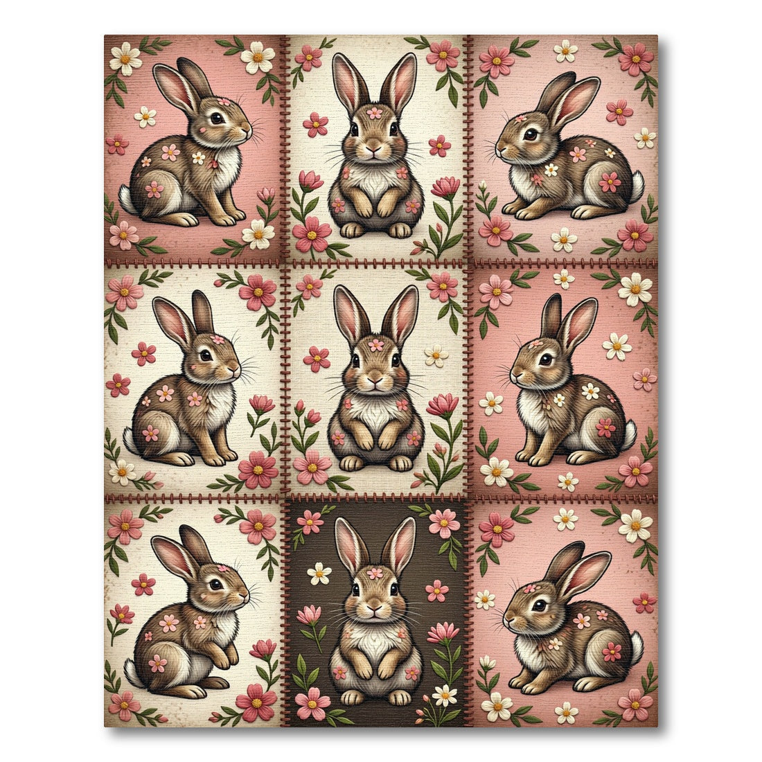 Charming Rabbit and Floral Patchwork Quilt Rug