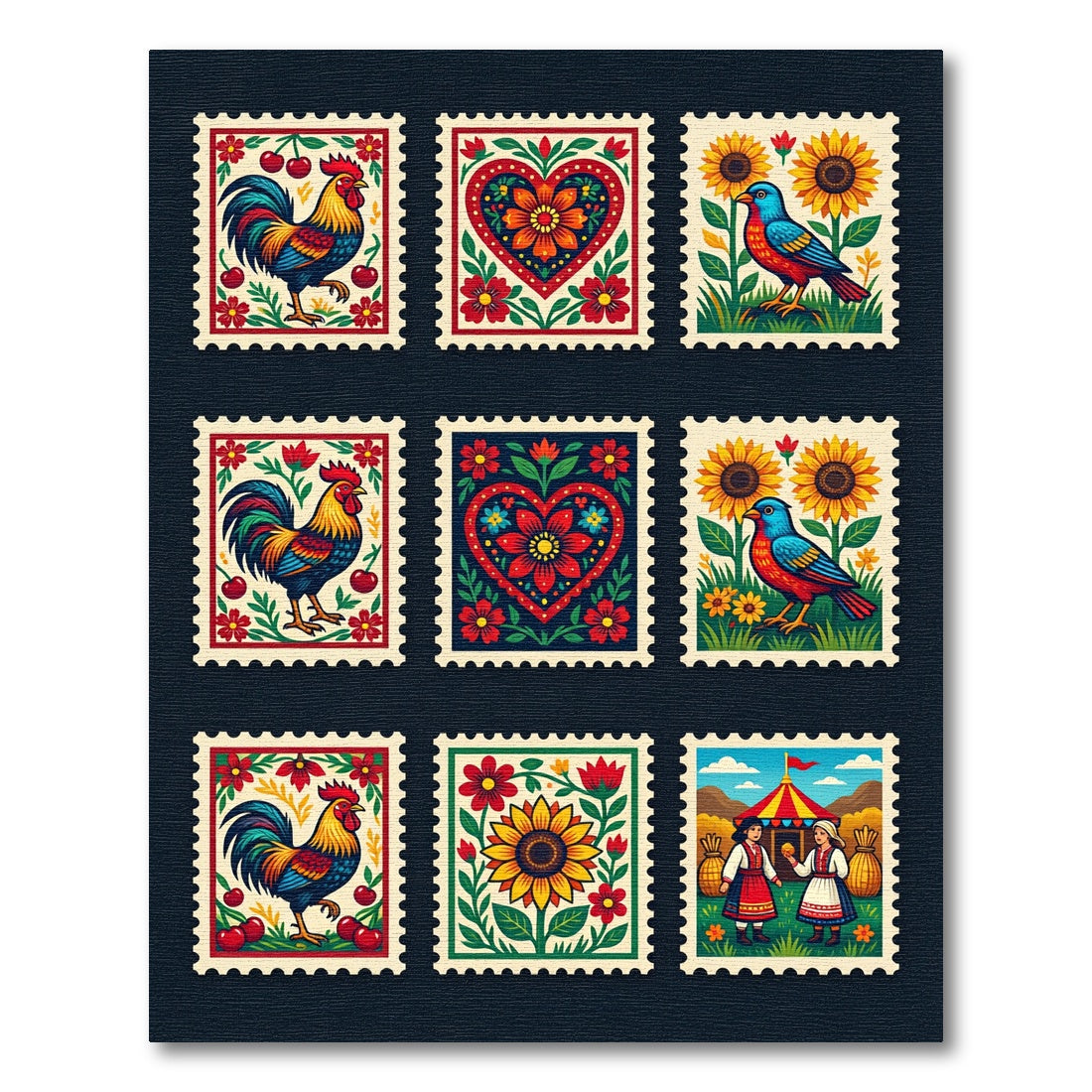 Folk Art Rooster Sunflower Folk Garden Rug