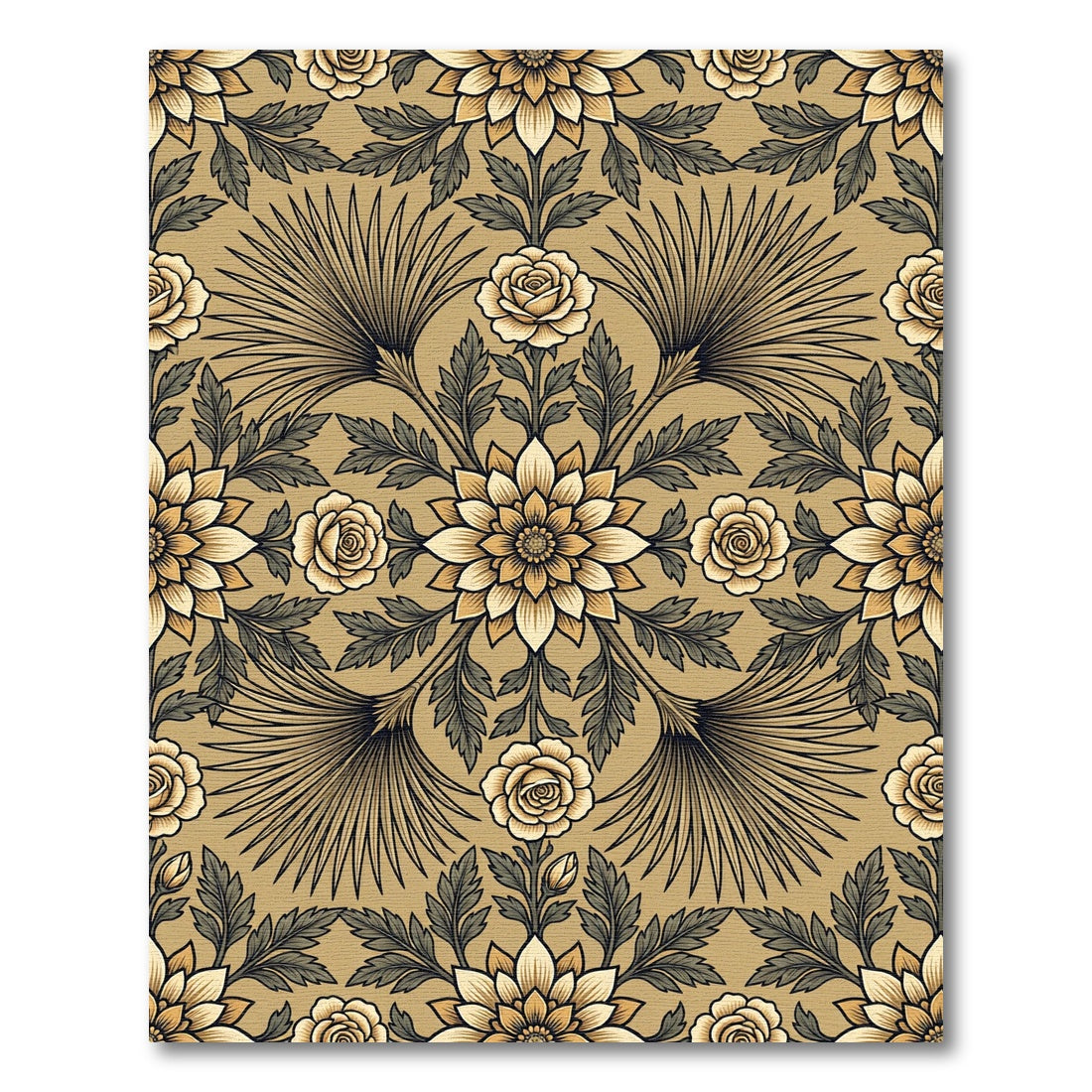 Gold Cream Floral Scrolling Vine Rug
