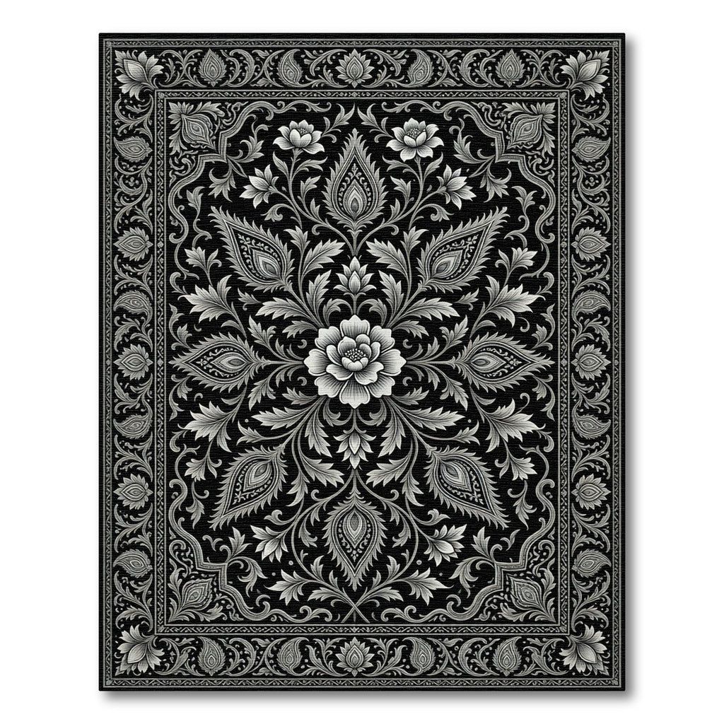 Elegant Monochrome Floral Paisley Medallion Rug