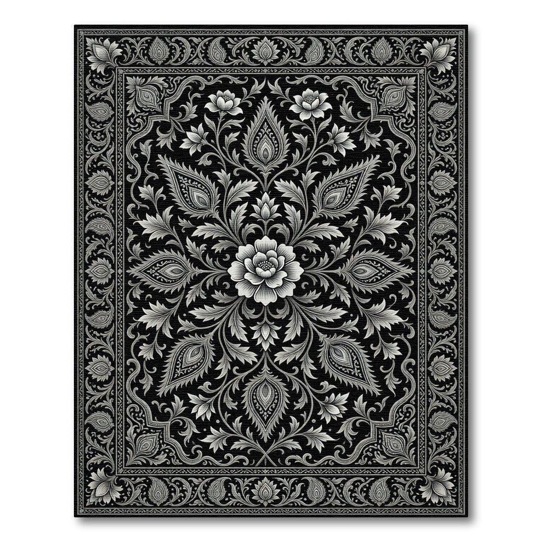 Elegant Monochrome Floral Paisley Medallion Rug