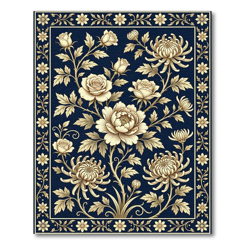 Cream Floral Blooms Dark Navy Border Rug